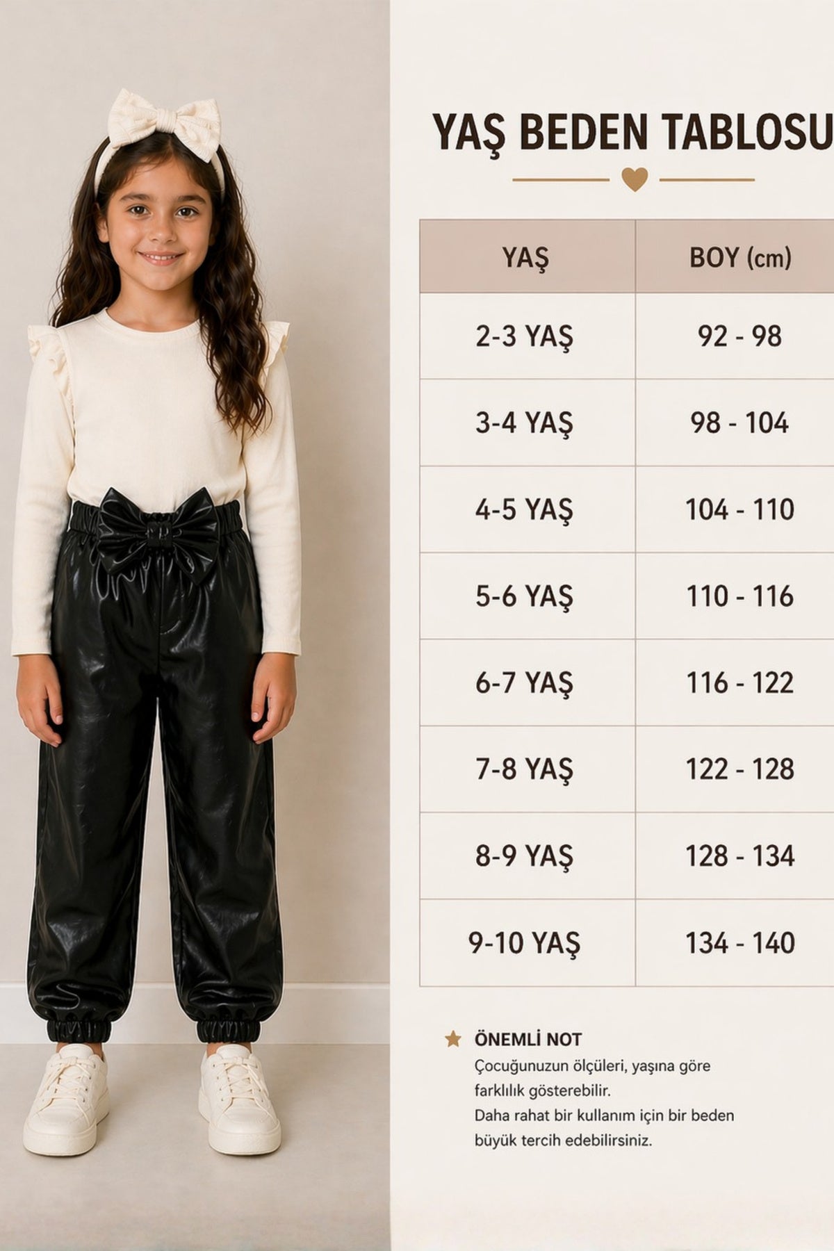 Kız Çocuk, Siyah Deri Fiyonk Detaylı Pantolon, Krem Omuzu Fırfırlı Badi Ve Saç Bandı Takımı.