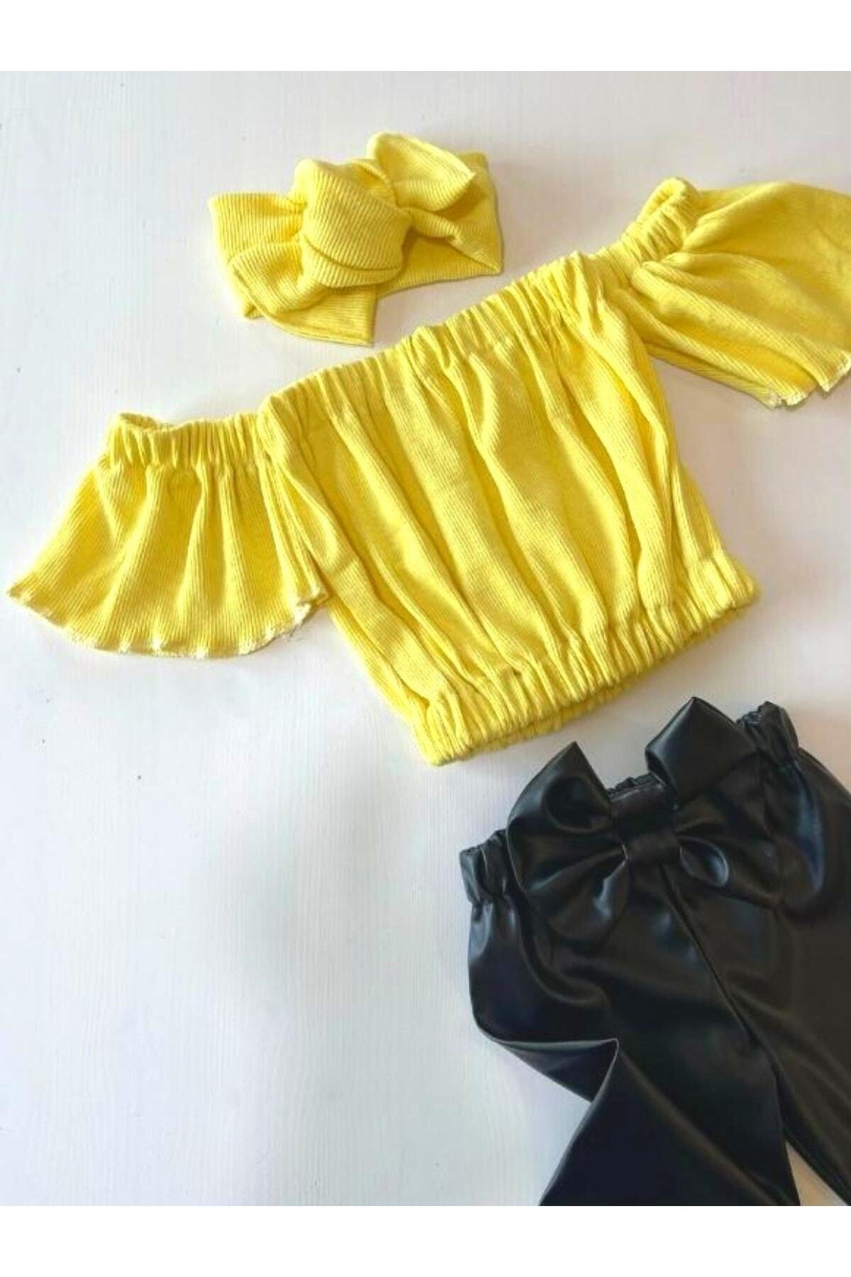 Kız Çocuk, Likralı Deri Fiyonk Detaylı Pantolon, Sarı Straplez Crop Bluz Ve Saç Bandı Takımı.