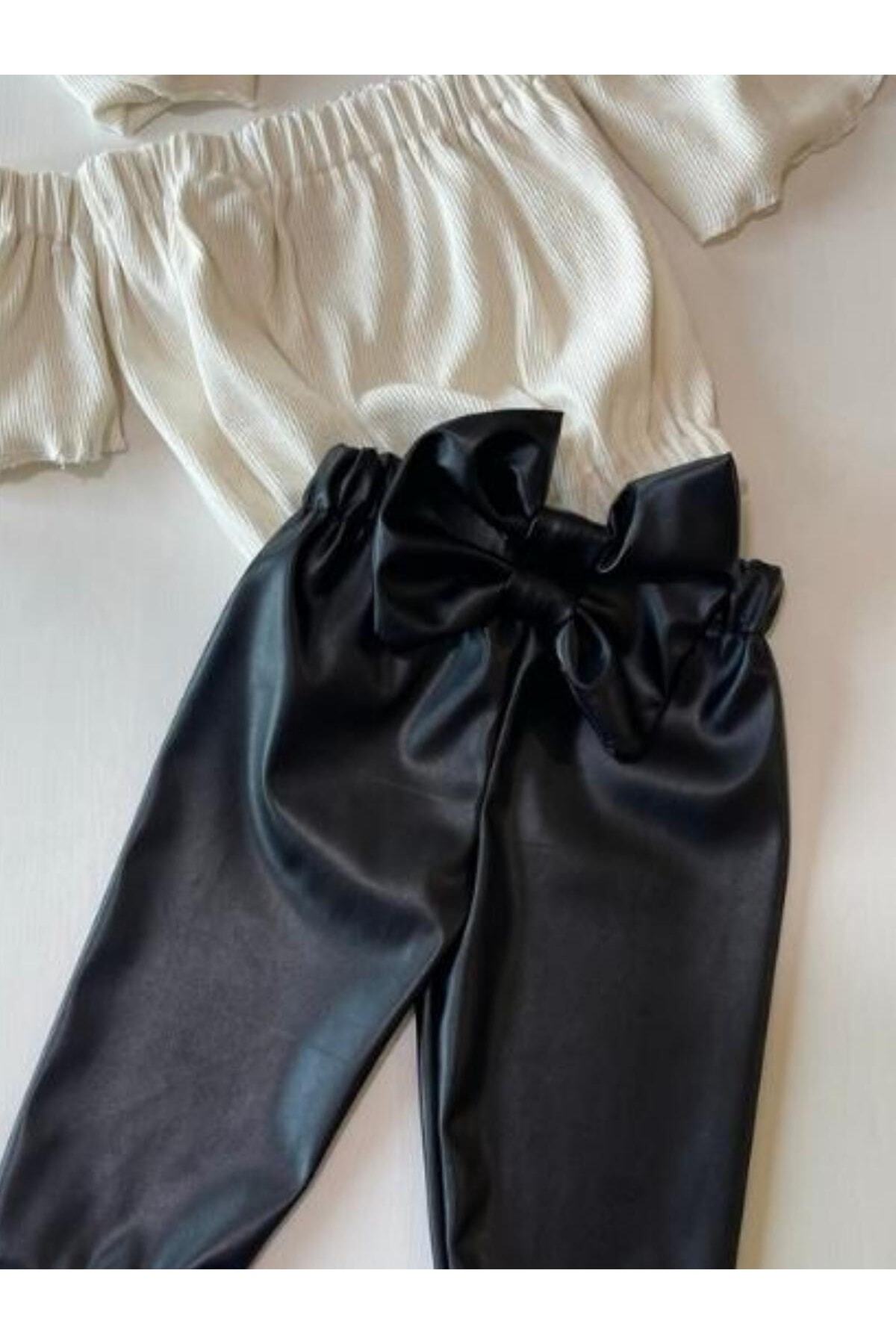 Kız Çocuk, Likralı Deri Fiyonk Detaylı Pantolon, Krem Straplez Crop Bluz Ve Saç Bandı Takımı.