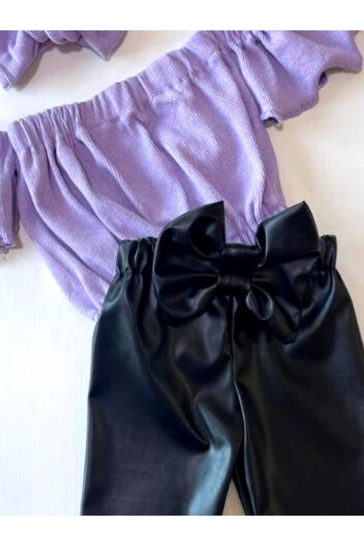 Kız Çocuk, Likralı Deri Fiyonk Detaylı Pantolon, Lila Straplez Crop Bluz Ve Saç Bandı Takımı.