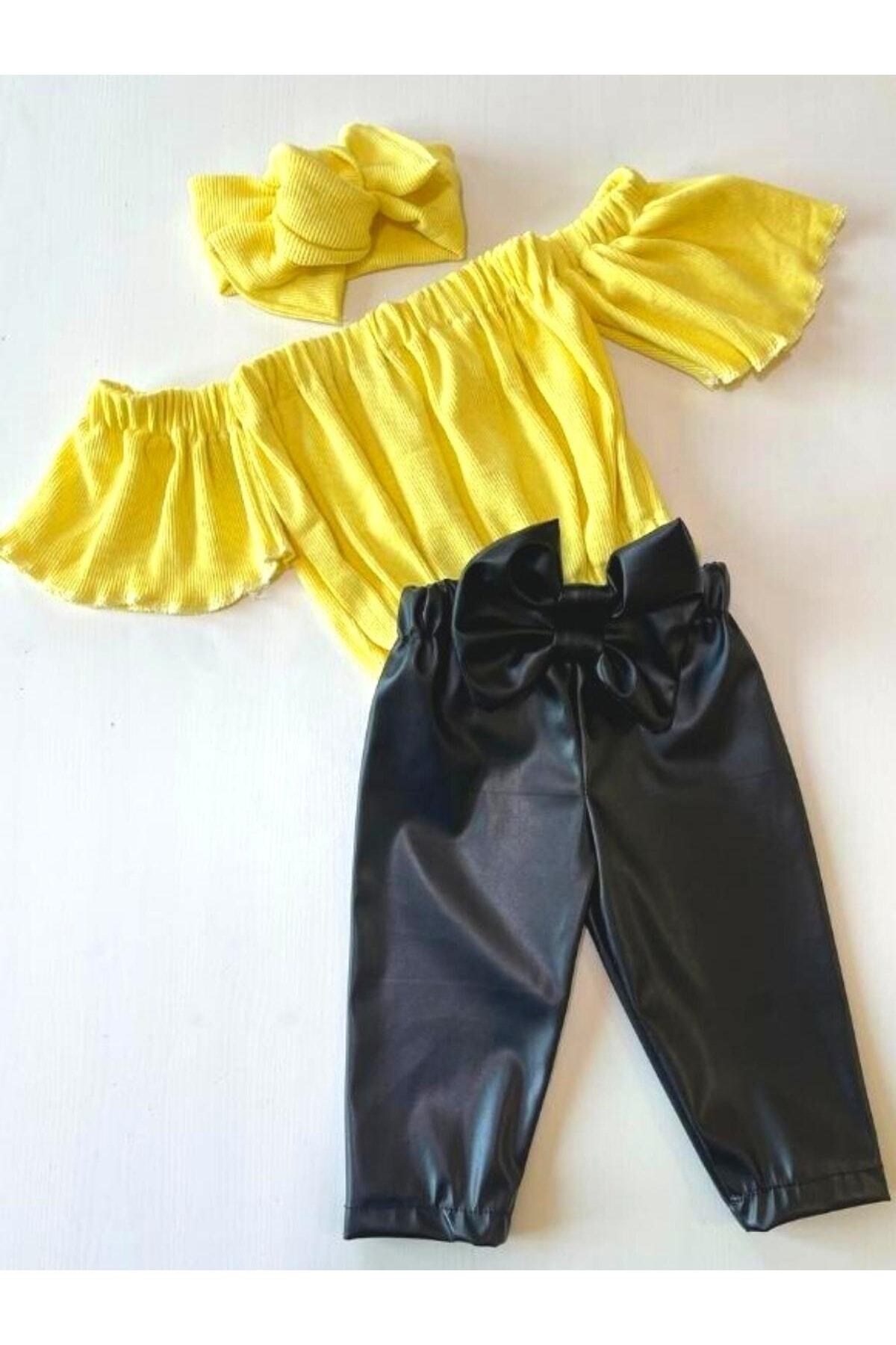 Kız Çocuk, Likralı Deri Fiyonk Detaylı Pantolon, Sarı Straplez Crop Bluz Ve Saç Bandı Takımı.