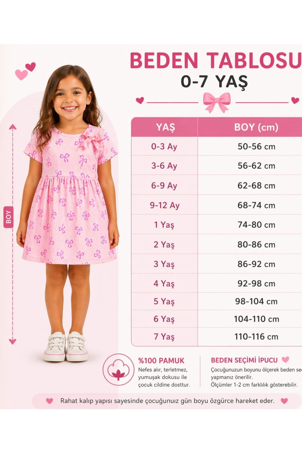 Fiyonk Desenli Pembe Kız Çocuk Günlük Elbise