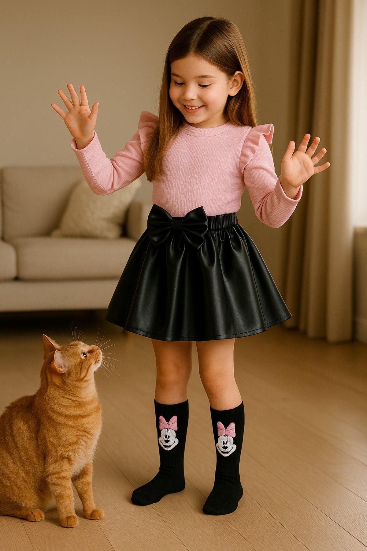 Deri Etek, Pembe Badi Ve Diz Altı Çorap Takım 6-9 Aydan 6 Yaşa Kadar