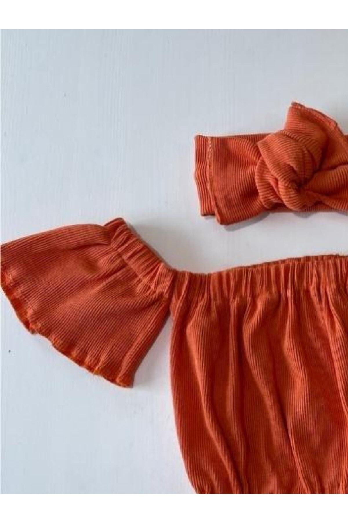 Kız Çocuk, Likralı Deri Fiyonk Detaylı Pantolon, Turuncu Straplez Crop Bluz Ve Saç Bandı Takımı.