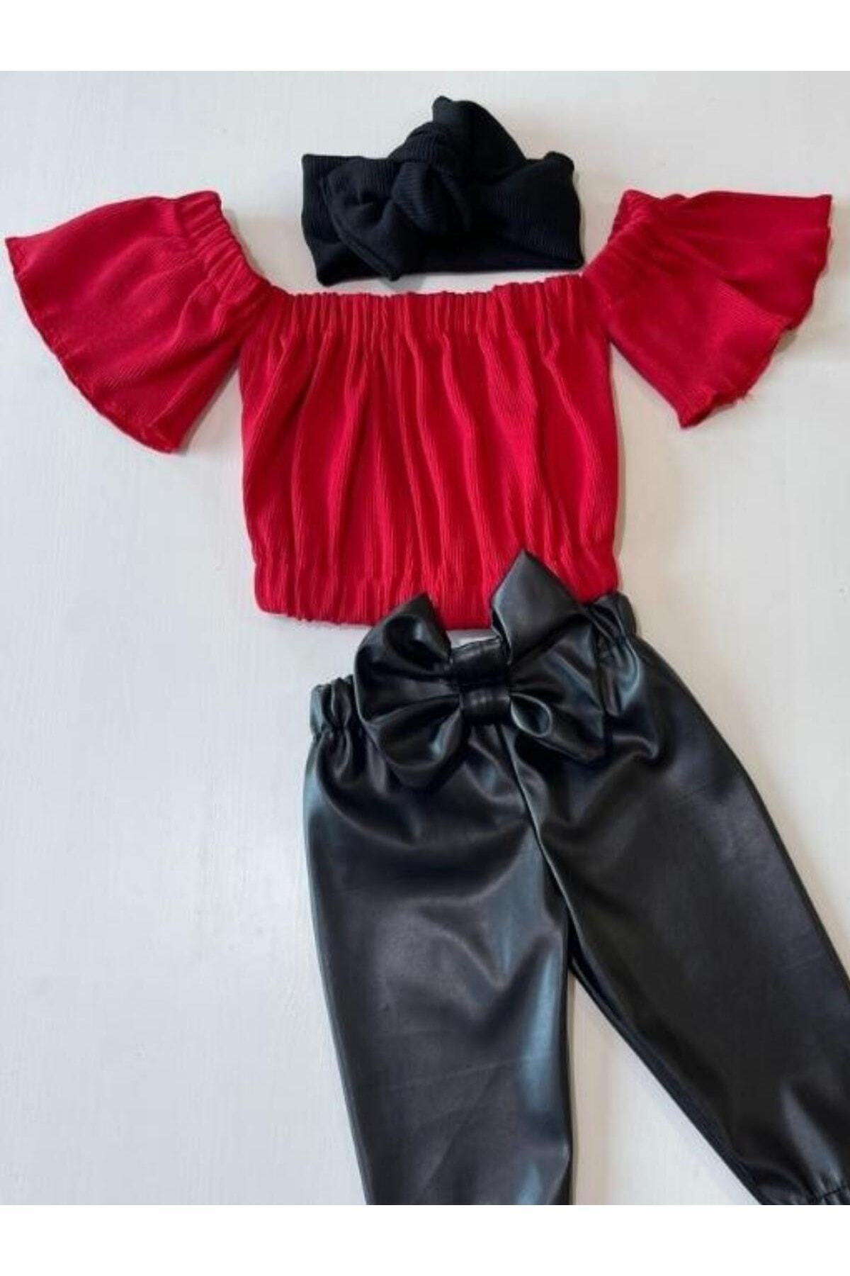 Kız Çocuk Likralı Deri Fiyonk Detaylı Pantolon Kırmızı Straplez Crop Bluz Ve Saç Bandı Takımı.