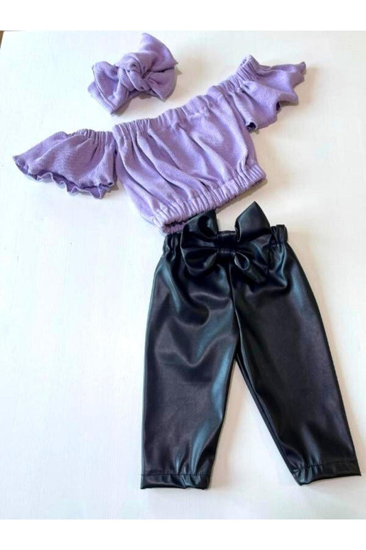 Kız Çocuk, Likralı Deri Fiyonk Detaylı Pantolon, Lila Straplez Crop Bluz Ve Saç Bandı Takımı.
