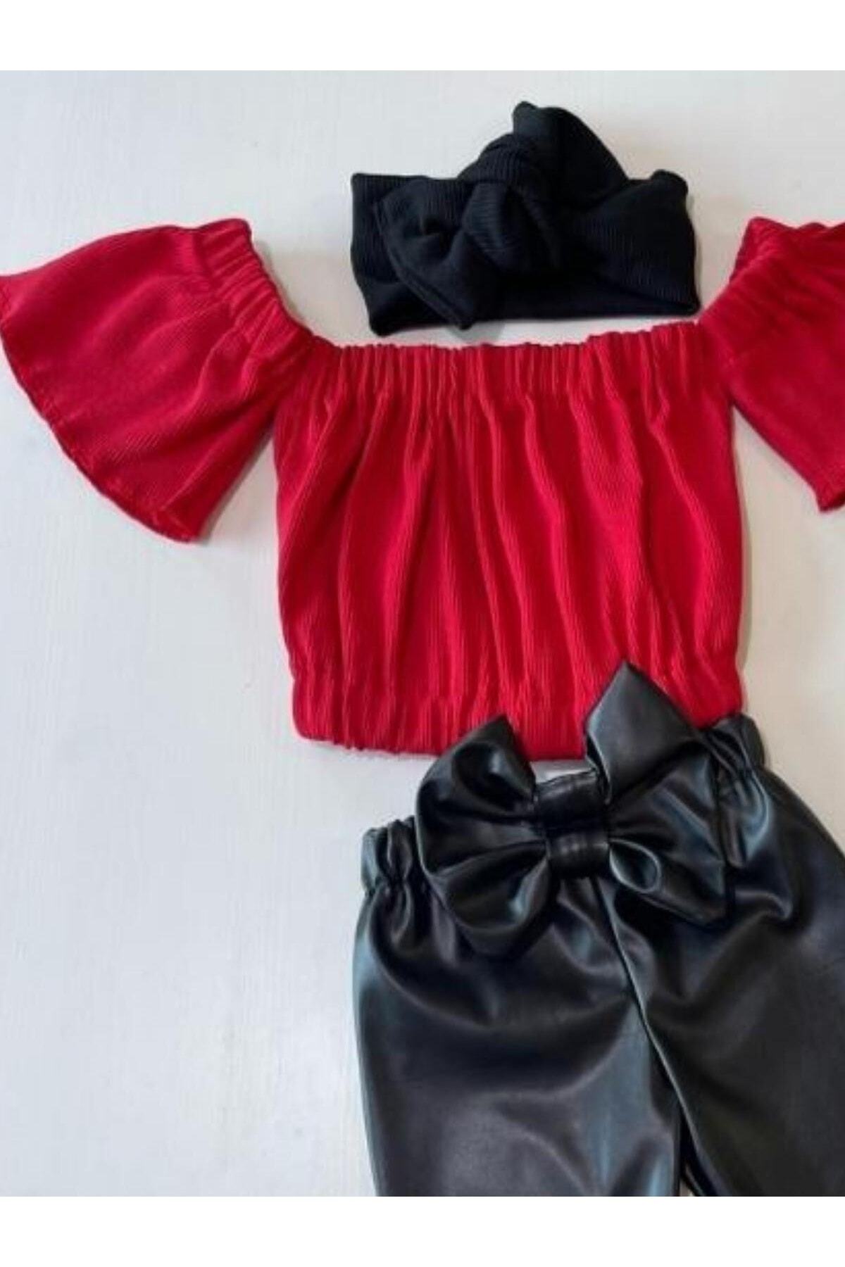 Kız Çocuk Likralı Deri Fiyonk Detaylı Pantolon Kırmızı Straplez Crop Bluz Ve Saç Bandı Takımı.
