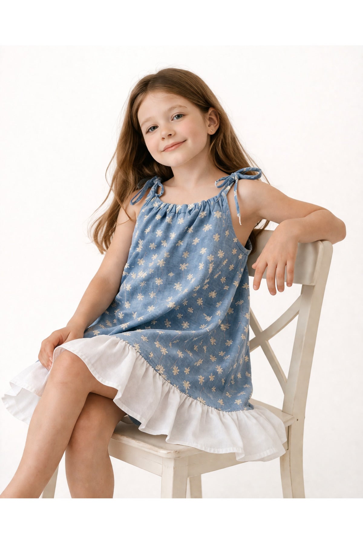 Kız Çocuk %100 Pamuk Kot Kumaş Çiçek Desenli Askılı Yazlık Elbise