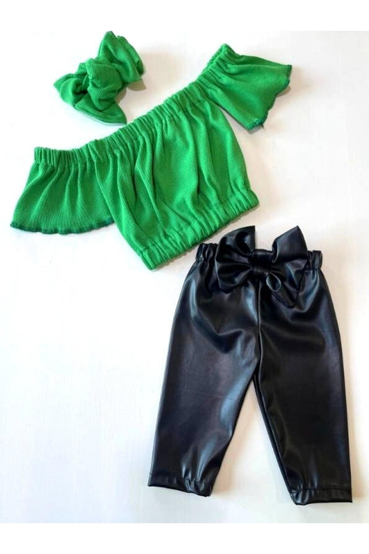 Kız Çocuk, Likralı Deri Fiyonk Detaylı Pantolon, Yeşil Straplez Crop Bluz Ve Saç Bandı Takımı.