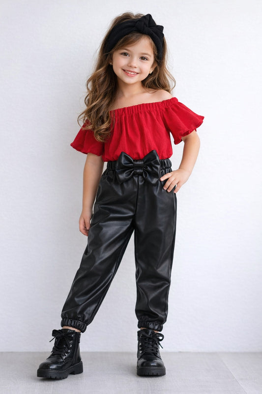 Kız Çocuk Likralı Deri Fiyonk Detaylı Pantolon Kırmızı Straplez Crop Bluz Ve Saç Bandı Takımı.