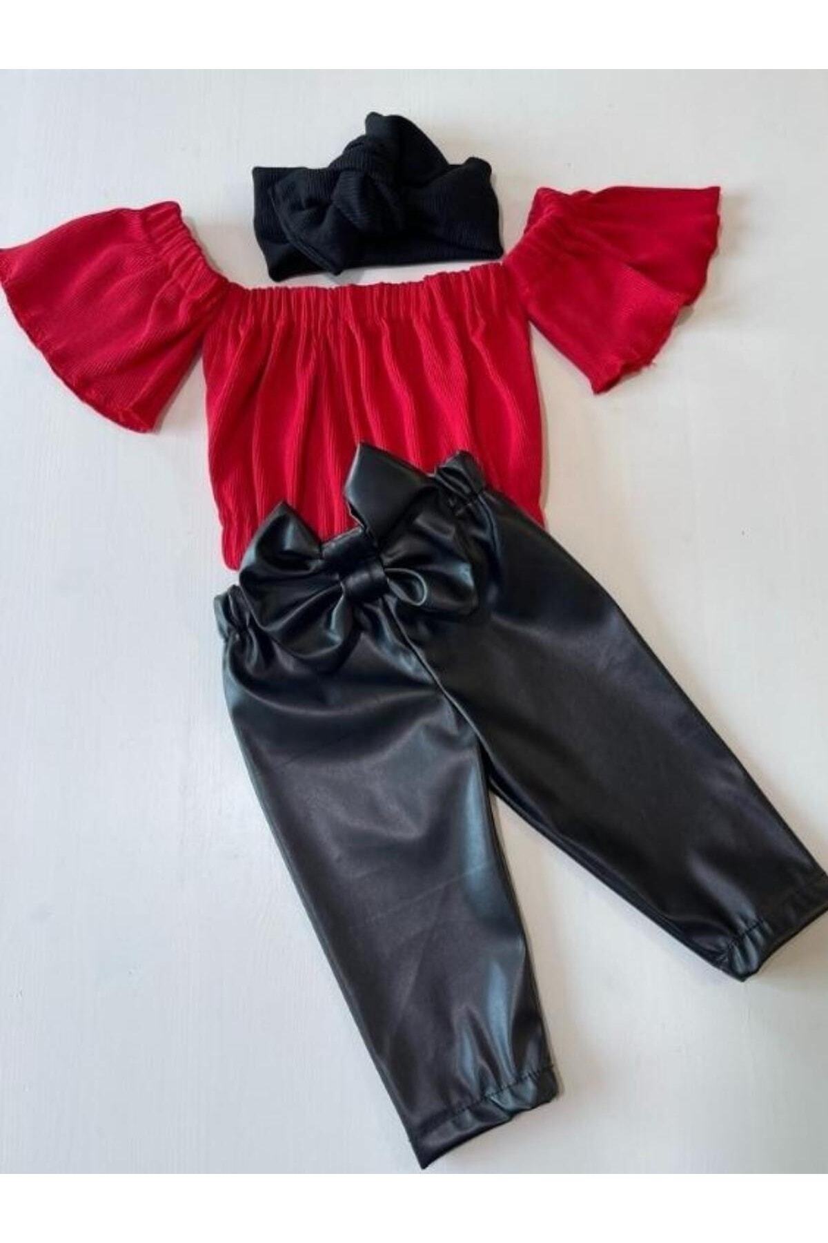 Kız Çocuk Likralı Deri Fiyonk Detaylı Pantolon Kırmızı Straplez Crop Bluz Ve Saç Bandı Takımı.