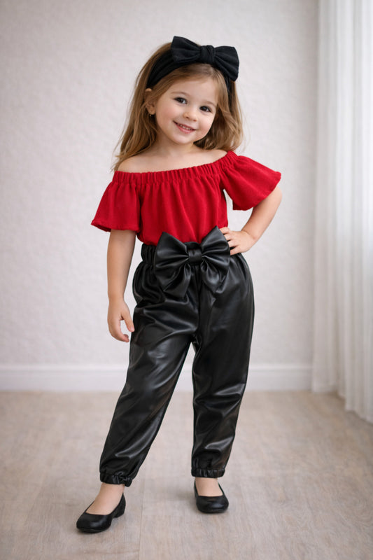 Kız Çocuk Likralı Deri Fiyonk Detaylı Pantolon Kırmızı Straplez Crop Bluz Ve Saç Bandı Takımı.