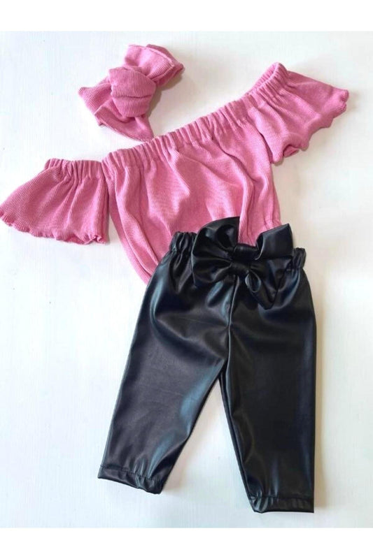 Kız Çocuk, Likralı Deri Fiyonk Detaylı Pantolon, Pembe Straplez Crop Bluz Ve Saç Bandı Takımı.