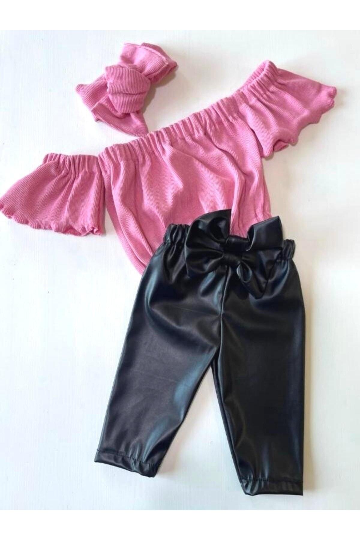Kız Çocuk, Likralı Deri Fiyonk Detaylı Pantolon, Pembe Straplez Crop Bluz Ve Saç Bandı Takımı.