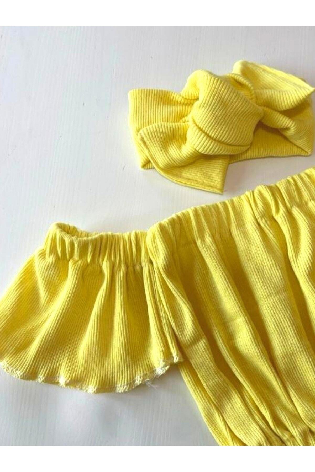 Kız Çocuk, Likralı Deri Fiyonk Detaylı Pantolon, Sarı Straplez Crop Bluz Ve Saç Bandı Takımı.