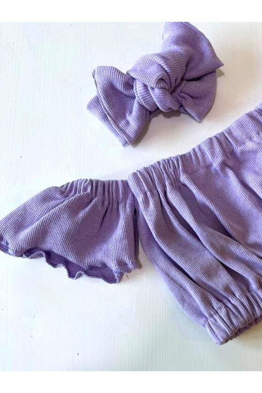 Kız Çocuk, Likralı Deri Fiyonk Detaylı Pantolon, Lila Straplez Crop Bluz Ve Saç Bandı Takımı.