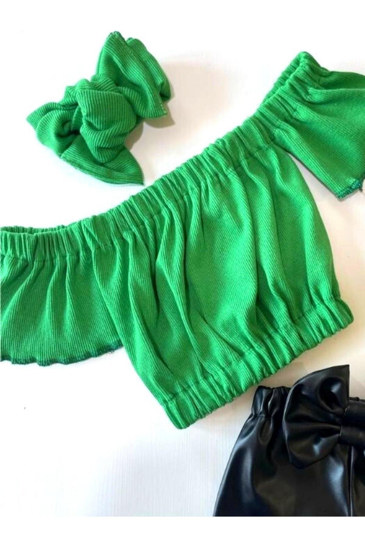 Kız Çocuk, Likralı Deri Fiyonk Detaylı Pantolon, Yeşil Straplez Crop Bluz Ve Saç Bandı Takımı.