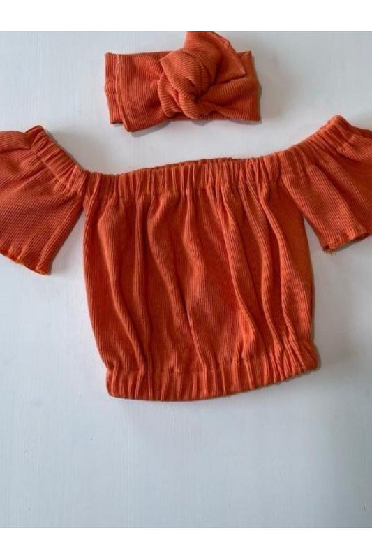 Kız Çocuk, Likralı Deri Fiyonk Detaylı Pantolon, Turuncu Straplez Crop Bluz Ve Saç Bandı Takımı.