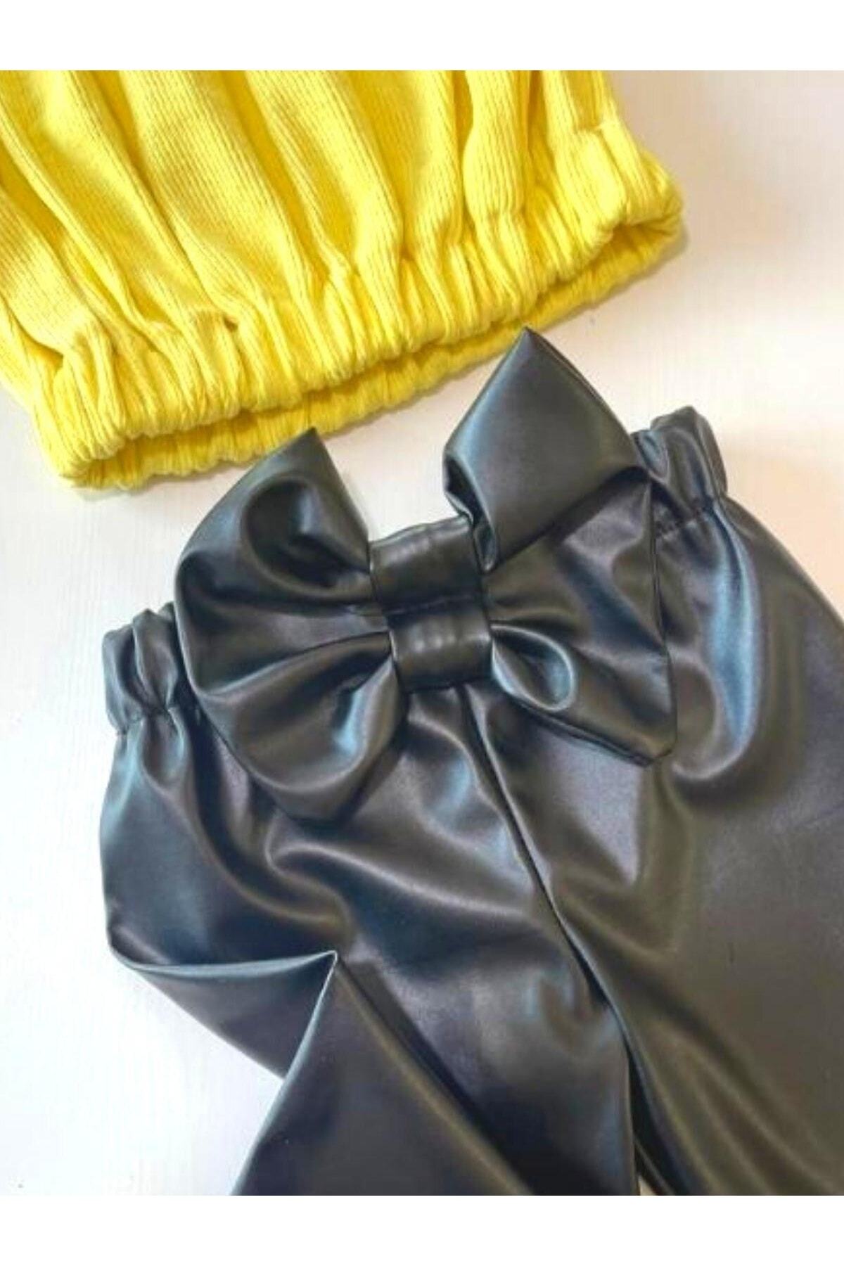 Kız Çocuk, Likralı Deri Fiyonk Detaylı Pantolon, Sarı Straplez Crop Bluz Ve Saç Bandı Takımı.
