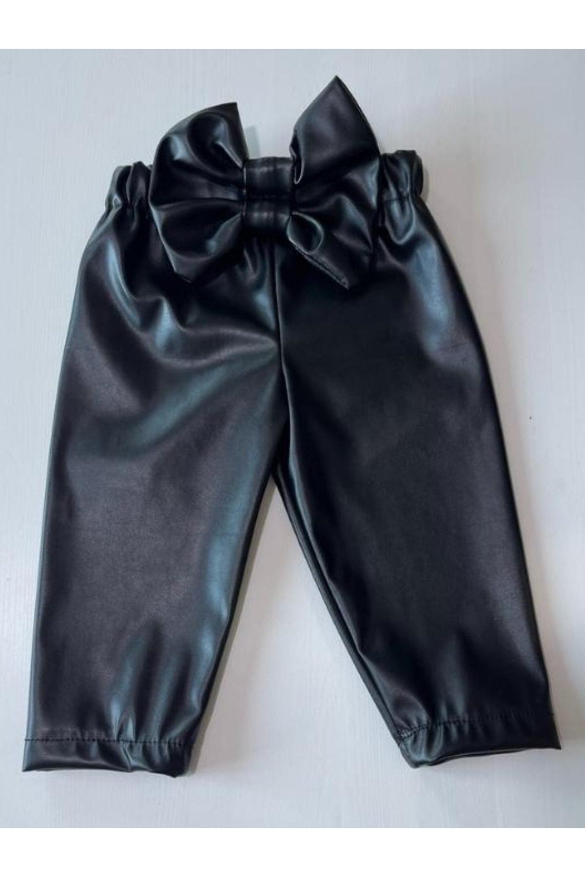 Kız Çocuk, Likralı Deri Fiyonk Detaylı Pantolon, Turuncu Straplez Crop Bluz Ve Saç Bandı Takımı.