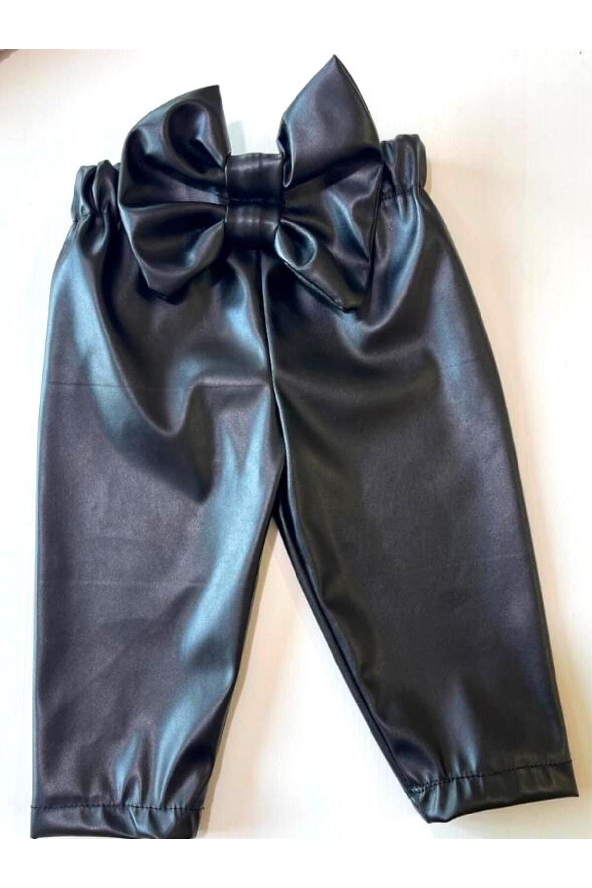 Kız Çocuk, Likralı Deri Fiyonk Detaylı Pantolon, Lila Straplez Crop Bluz Ve Saç Bandı Takımı.