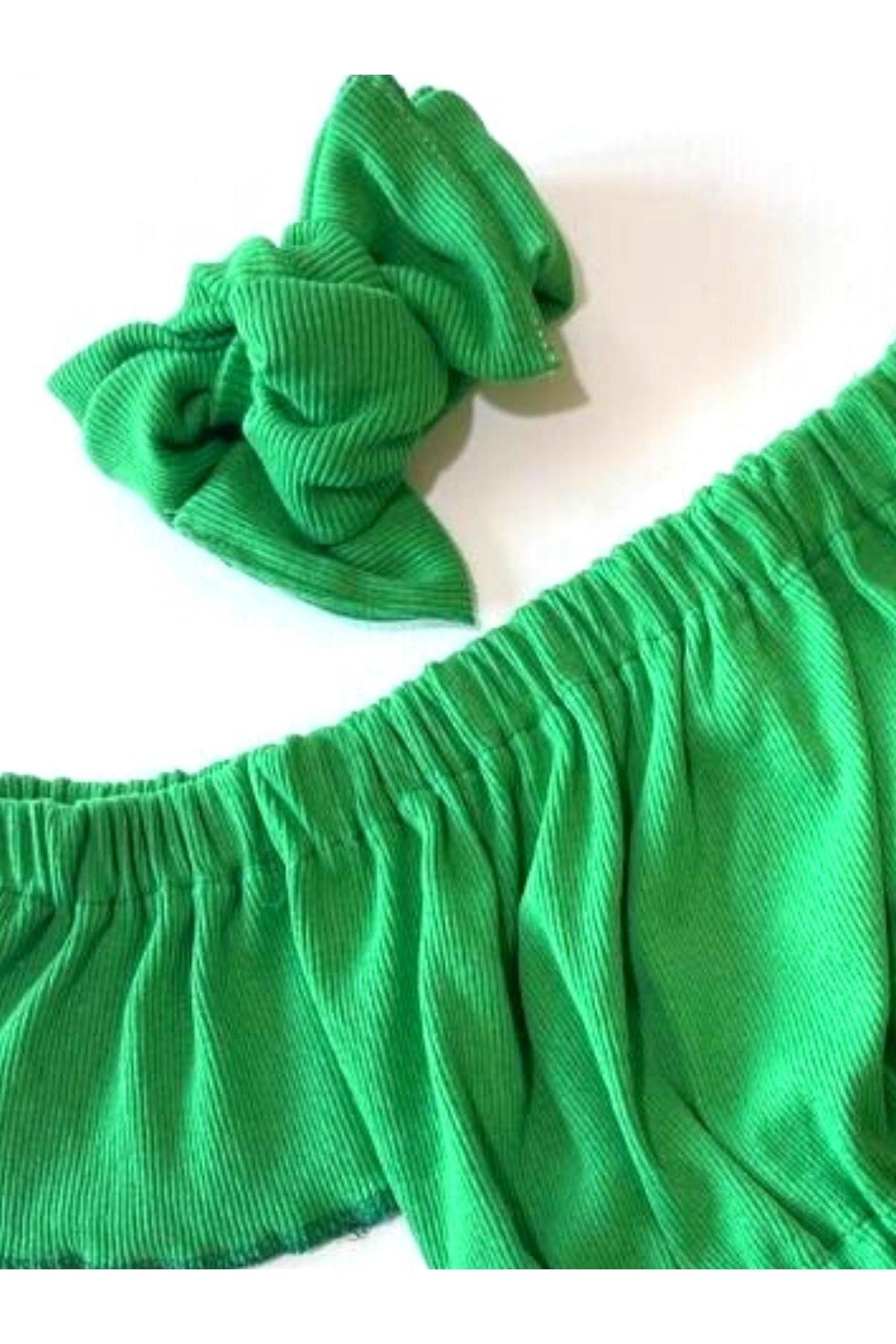 Kız Çocuk, Likralı Deri Fiyonk Detaylı Pantolon, Yeşil Straplez Crop Bluz Ve Saç Bandı Takımı.