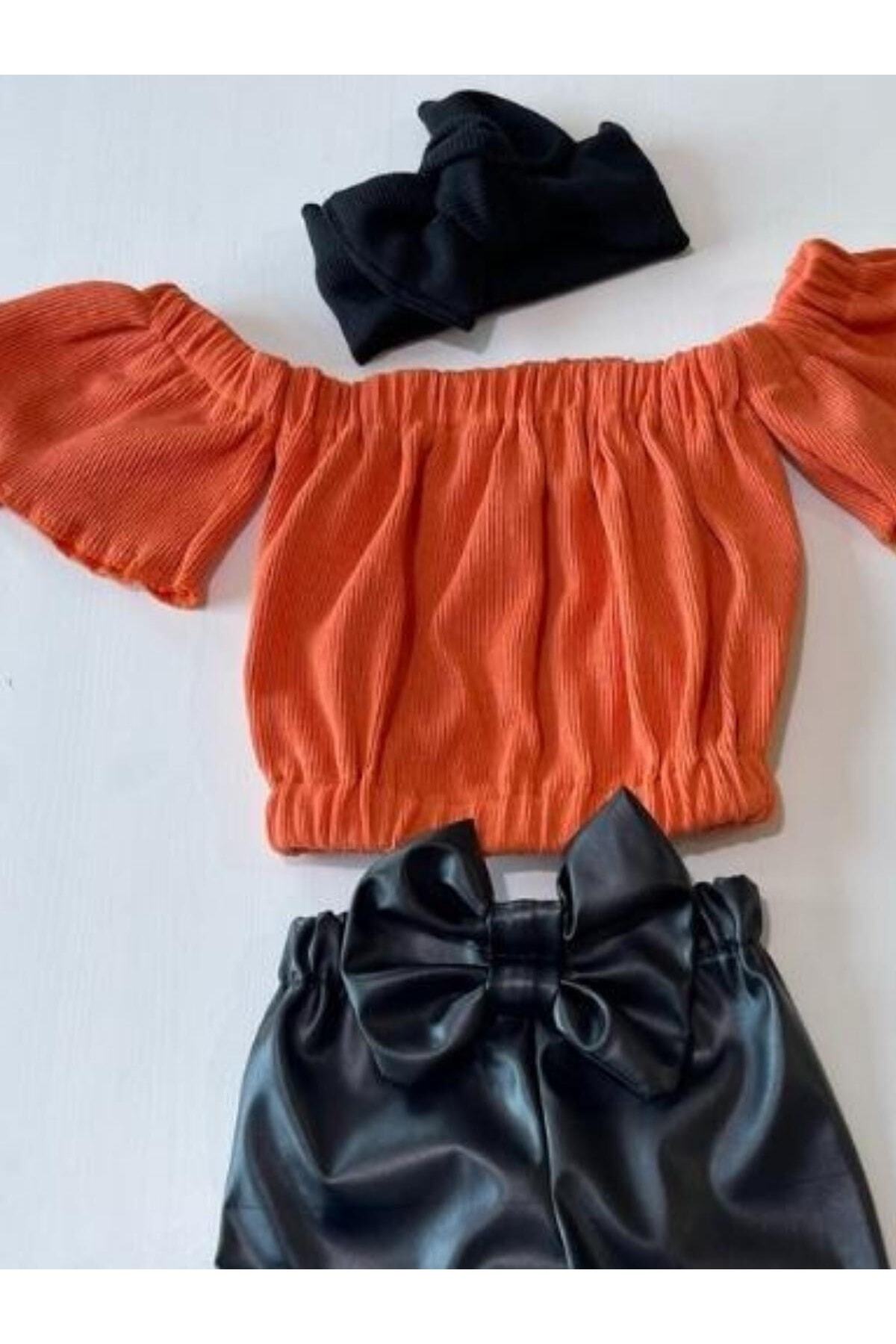 Kız Çocuk, Likralı Deri Fiyonk Detaylı Pantolon, Turuncu Straplez Crop Bluz Ve Saç Bandı Takımı.