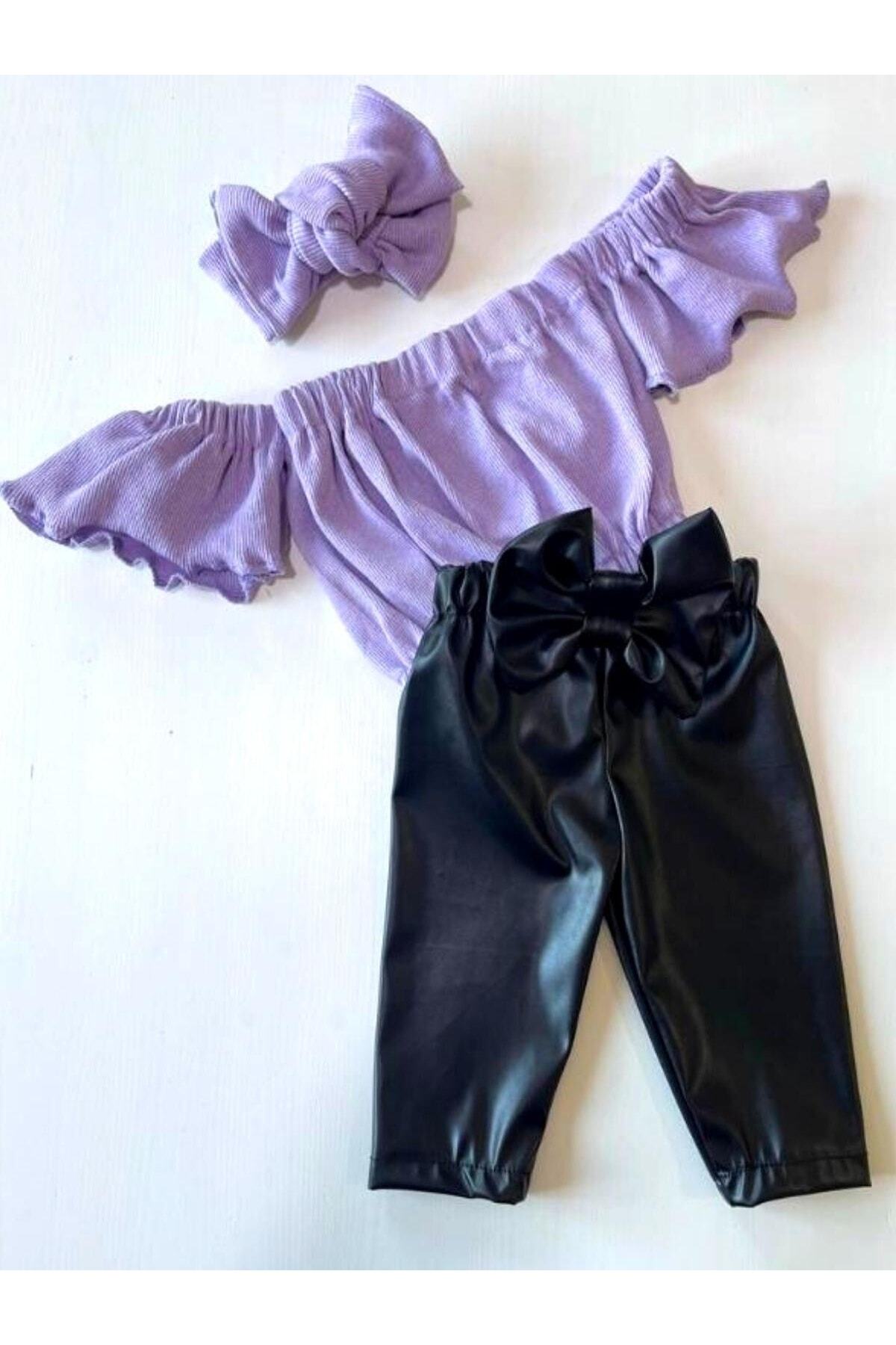 Kız Çocuk, Likralı Deri Fiyonk Detaylı Pantolon, Lila Straplez Crop Bluz Ve Saç Bandı Takımı.
