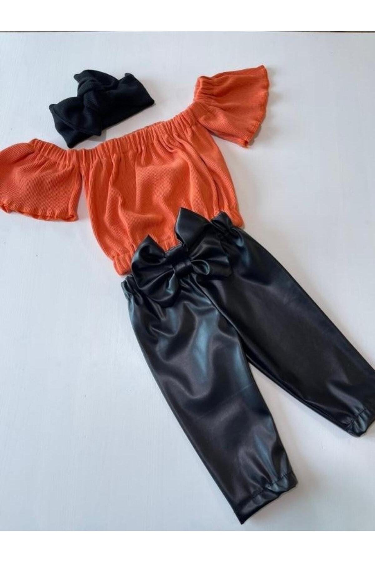 Kız Çocuk, Likralı Deri Fiyonk Detaylı Pantolon, Turuncu Straplez Crop Bluz Ve Saç Bandı Takımı.