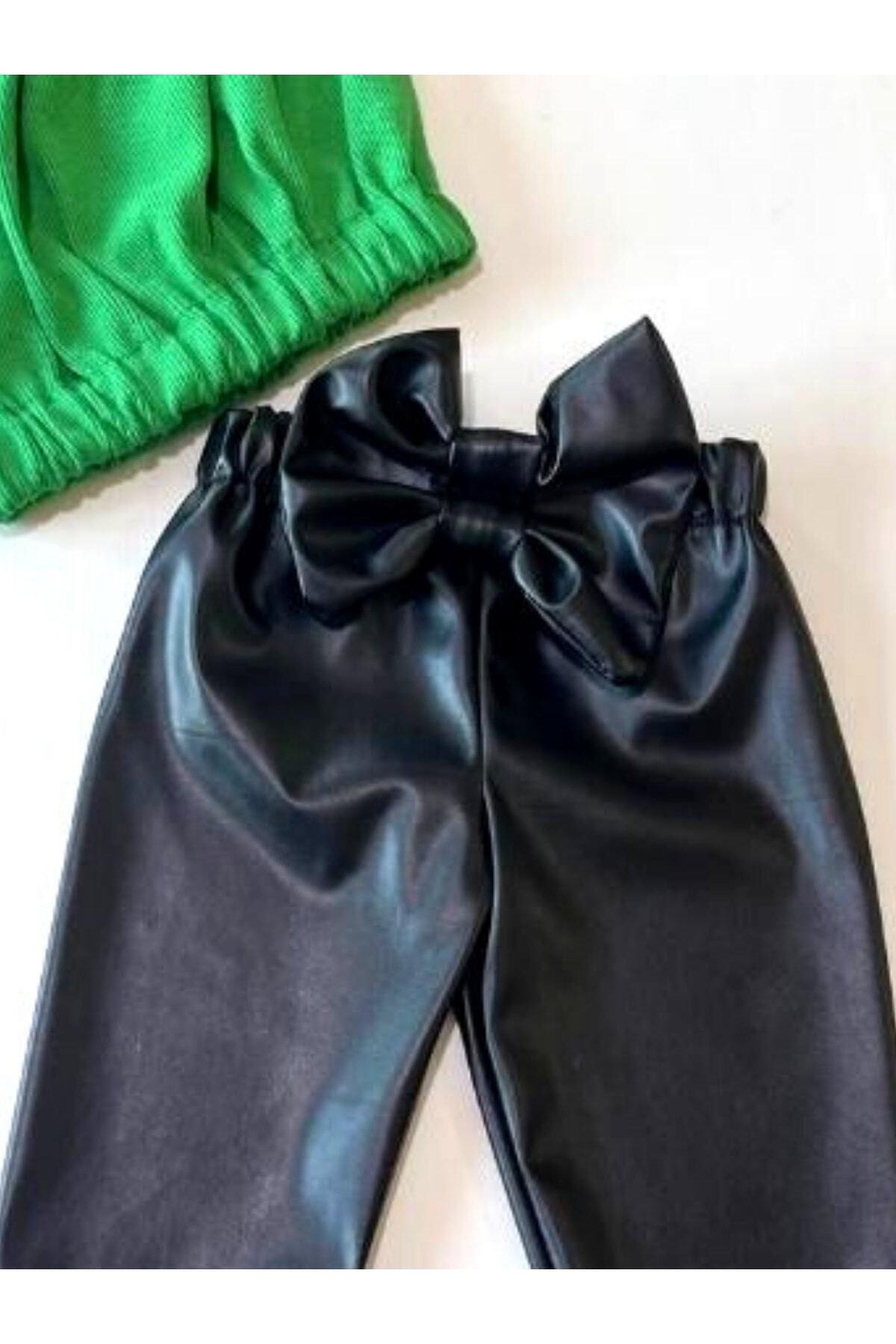 Kız Çocuk, Likralı Deri Fiyonk Detaylı Pantolon, Yeşil Straplez Crop Bluz Ve Saç Bandı Takımı.