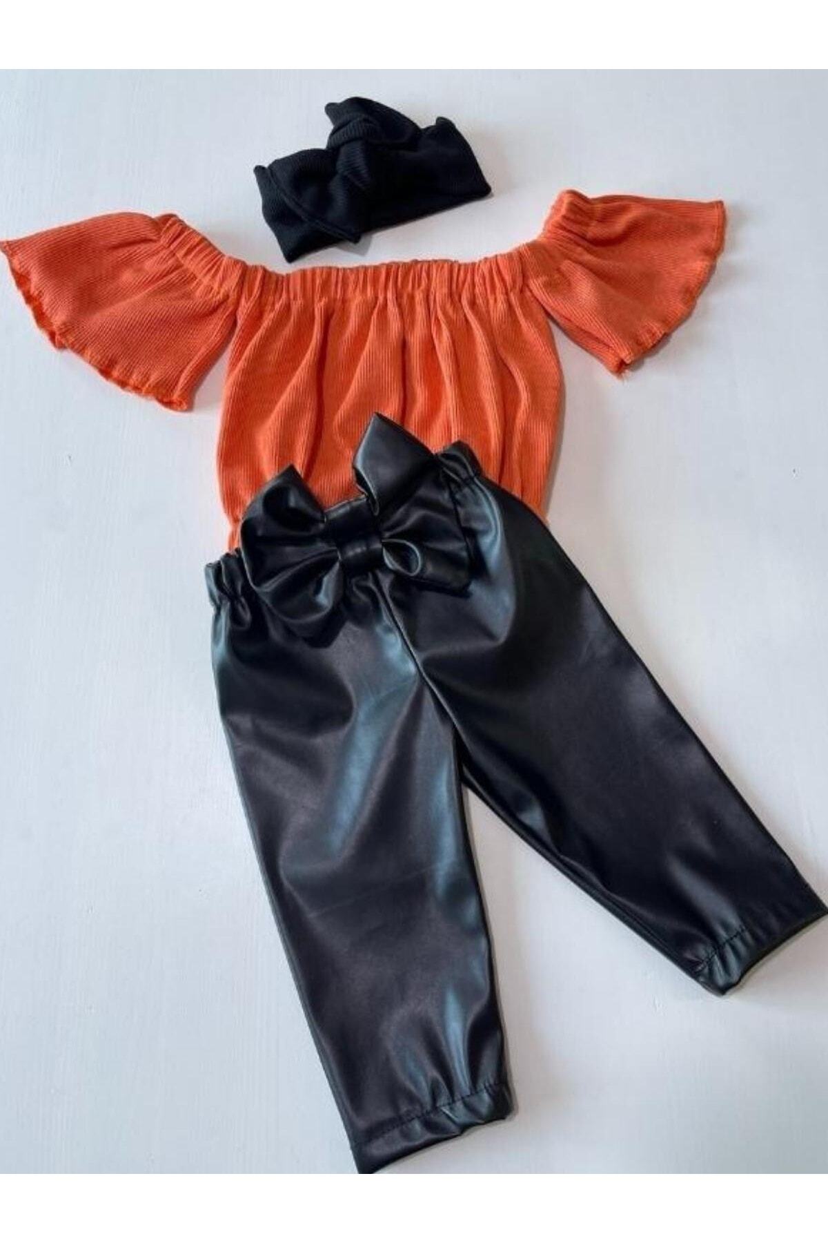 Kız Çocuk, Likralı Deri Fiyonk Detaylı Pantolon, Turuncu Straplez Crop Bluz Ve Saç Bandı Takımı.